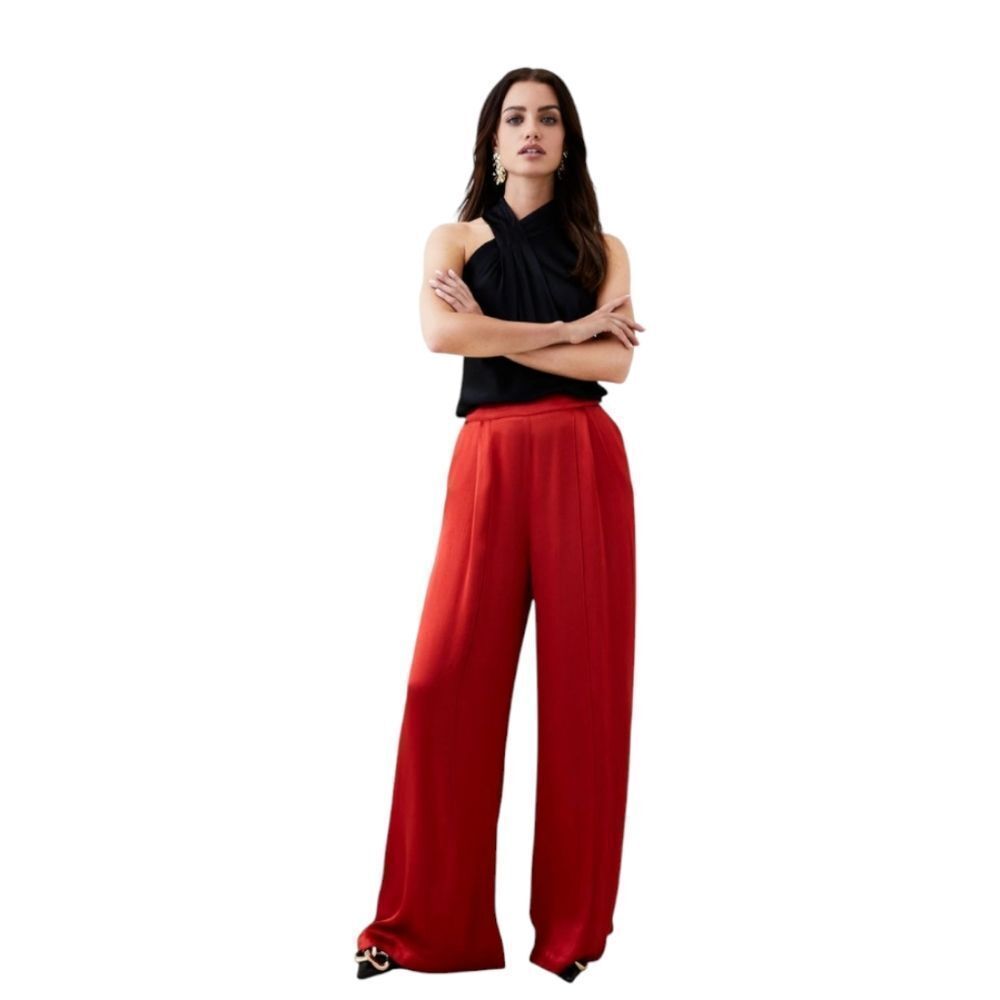 NEW‎ Karen Millen red satin high waist pleated palazzo trouser pants petite 2
